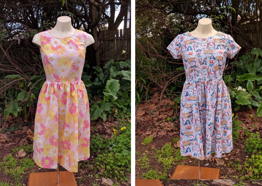 Two fit and flare dresses made in fun prints.